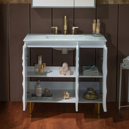 WOODBRIDGE 36" Cairo.WH.3A | Bathroom Vanity | with White Engineered Stone Top, Ceramic Undermount Sink, White Finish, 3D Wave Pattern Doors & Thin-Leg Design