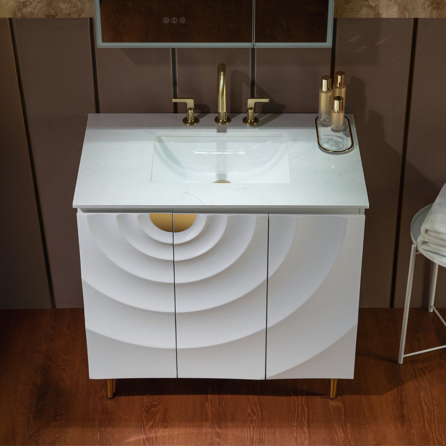 WOODBRIDGE 36" Cairo.WH.3A | Bathroom Vanity | with White Engineered Stone Top, Ceramic Undermount Sink, White Finish, 3D Wave Pattern Doors & Thin-Leg Design