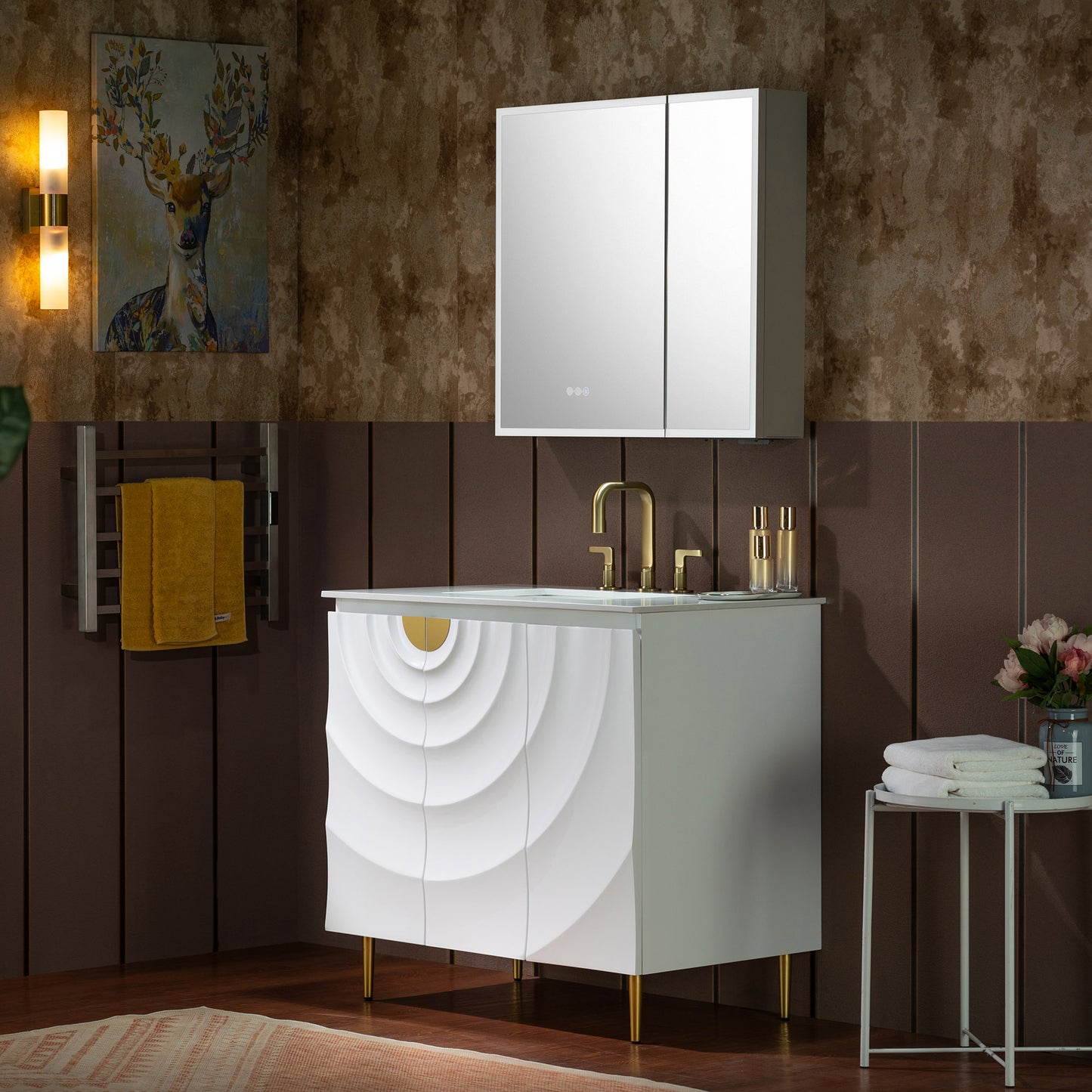 WOODBRIDGE 36" Cairo.WH.3A | Bathroom Vanity | with White Engineered Stone Top, Ceramic Undermount Sink, White Finish, 3D Wave Pattern Doors & Thin-Leg Design