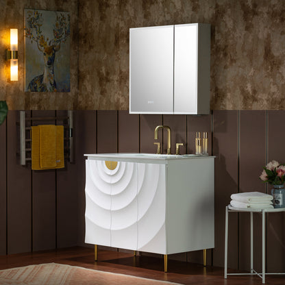 WOODBRIDGE 36" Cairo.WH.3A | Bathroom Vanity | with White Engineered Stone Top, Ceramic Undermount Sink, White Finish, 3D Wave Pattern Doors & Thin-Leg Design