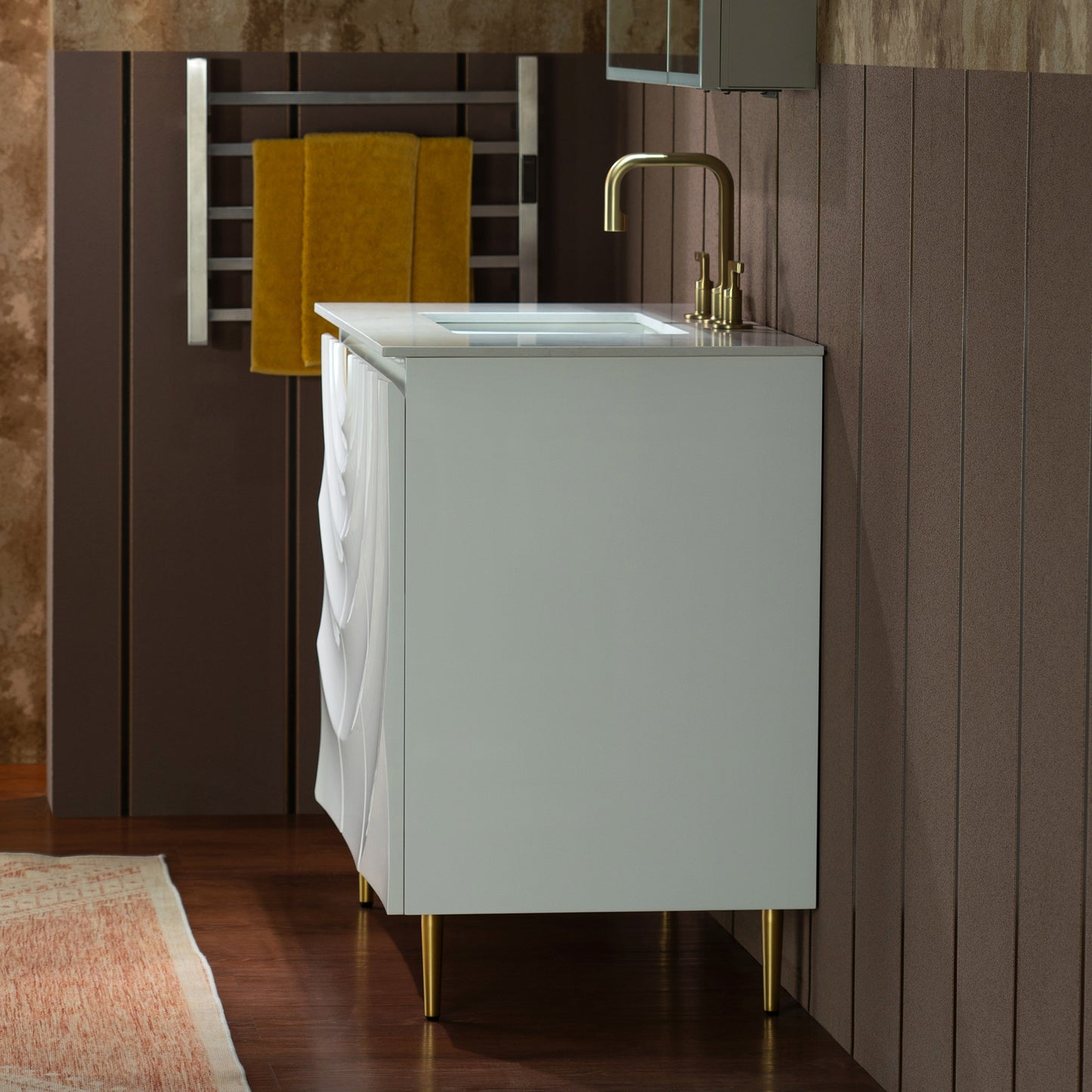 WOODBRIDGE 36" Cairo.WH.3A | Bathroom Vanity | with White Engineered Stone Top, Ceramic Undermount Sink, White Finish, 3D Wave Pattern Doors & Thin-Leg Design
