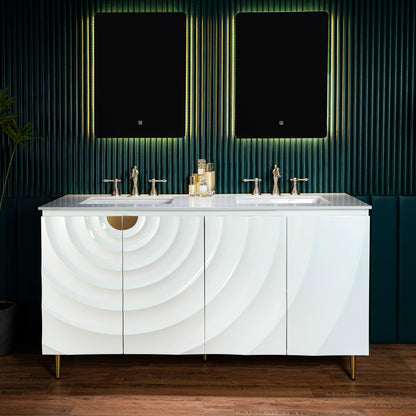 WOODBRIDGE 60" Cairo-WH-60D | Double Sink Bathroom Vanity | with White Engineered Stone Top, Ceramic Undermount Sinks, 3D Wave Pattern Doors & Thin-Leg Design