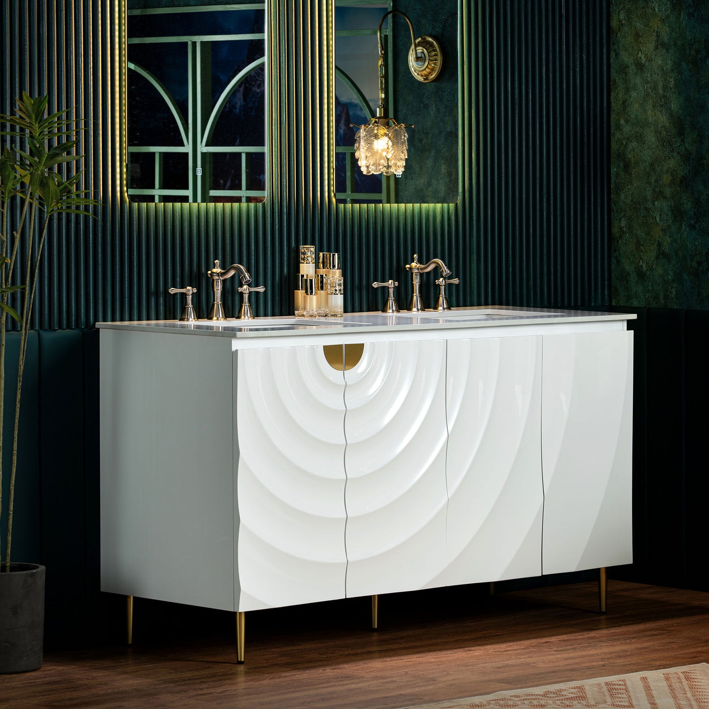 WOODBRIDGE 60" Cairo-WH-60D | Double Sink Bathroom Vanity | with White Engineered Stone Top, Ceramic Undermount Sinks, 3D Wave Pattern Doors & Thin-Leg Design