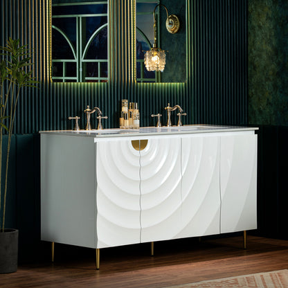 WOODBRIDGE 60" Cairo-WH-60D | Double Sink Bathroom Vanity | with White Engineered Stone Top, Ceramic Undermount Sinks, 3D Wave Pattern Doors & Thin-Leg Design