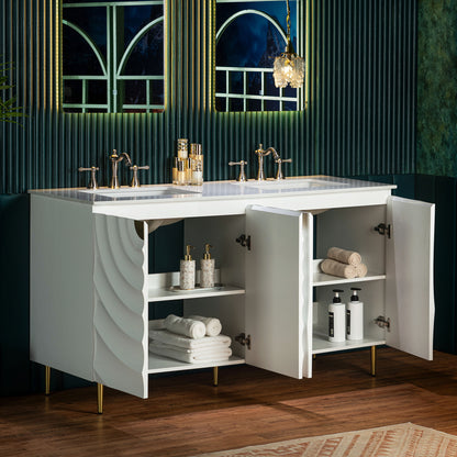 WOODBRIDGE 60" Cairo-WH-60D | Double Sink Bathroom Vanity | with White Engineered Stone Top, Ceramic Undermount Sinks, 3D Wave Pattern Doors & Thin-Leg Design