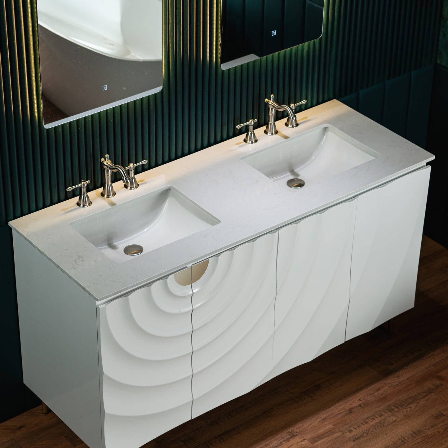 WOODBRIDGE 60" Cairo-WH-60D | Double Sink Bathroom Vanity | with White Engineered Stone Top, Ceramic Undermount Sinks, 3D Wave Pattern Doors & Thin-Leg Design