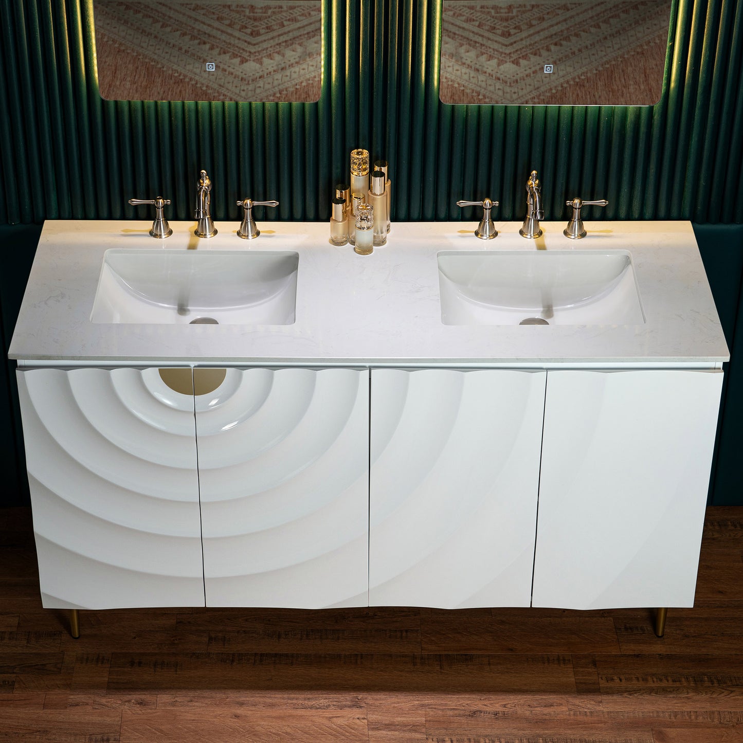 WOODBRIDGE 60" Cairo-WH-60D | Double Sink Bathroom Vanity | with White Engineered Stone Top, Ceramic Undermount Sinks, 3D Wave Pattern Doors & Thin-Leg Design