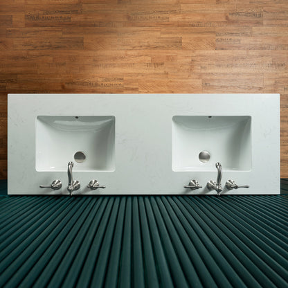 WOODBRIDGE 60" Cairo-WH-60D | Double Sink Bathroom Vanity | with White Engineered Stone Top, Ceramic Undermount Sinks, 3D Wave Pattern Doors & Thin-Leg Design