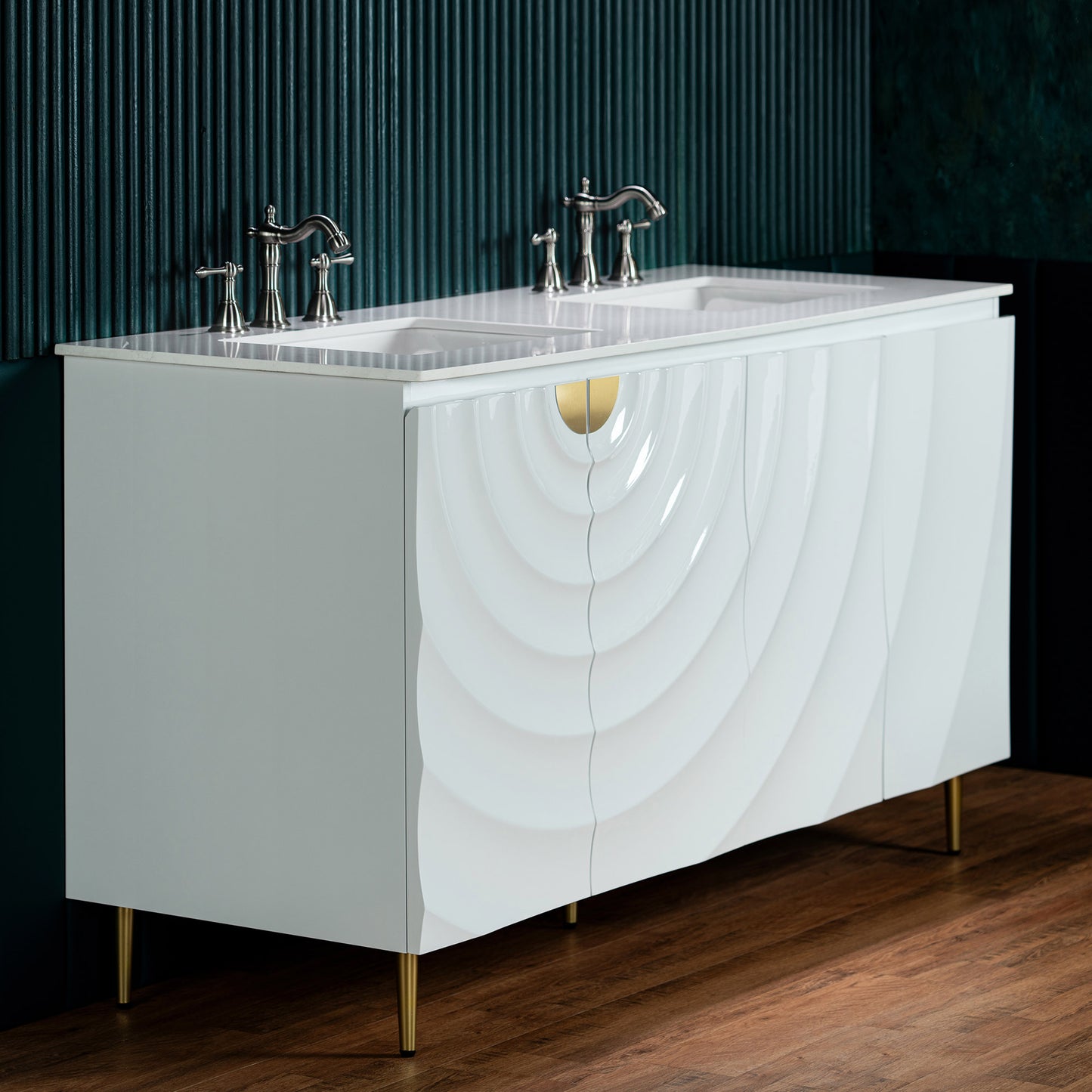 WOODBRIDGE 60" Cairo-WH-60D | Double Sink Bathroom Vanity | with White Engineered Stone Top, Ceramic Undermount Sinks, 3D Wave Pattern Doors & Thin-Leg Design