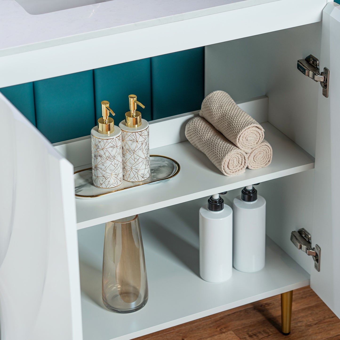 WOODBRIDGE 60" Cairo-WH-60D | Double Sink Bathroom Vanity | with White Engineered Stone Top, Ceramic Undermount Sinks, 3D Wave Pattern Doors & Thin-Leg Design