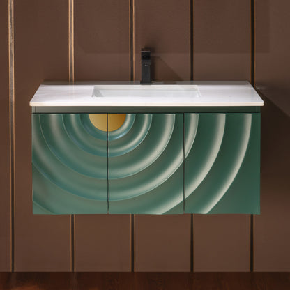 WOODBRIDGE 36" Cairo-GRN-36FW | Wall-Mounted Floating Bathroom Vanity with White Stone Top, Ceramic Undermount Sink & Green Cabinet