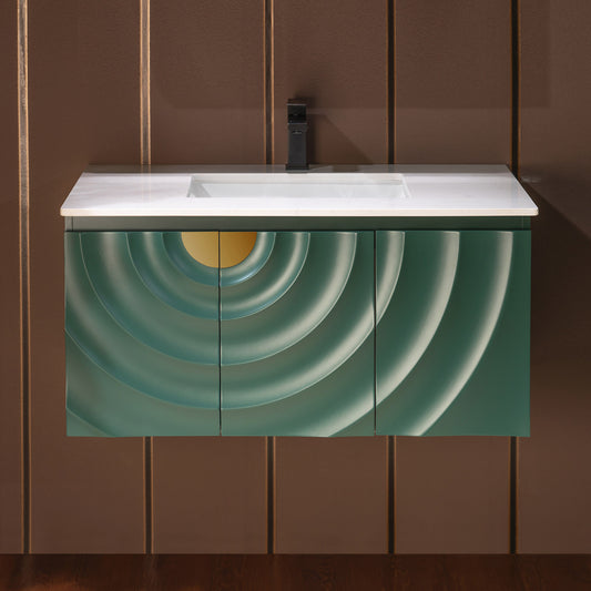 WOODBRIDGE 36" Cairo-GRN-36FW | Wall-Mounted Floating Bathroom Vanity with White Stone Top, Ceramic Undermount Sink & Green Cabinet