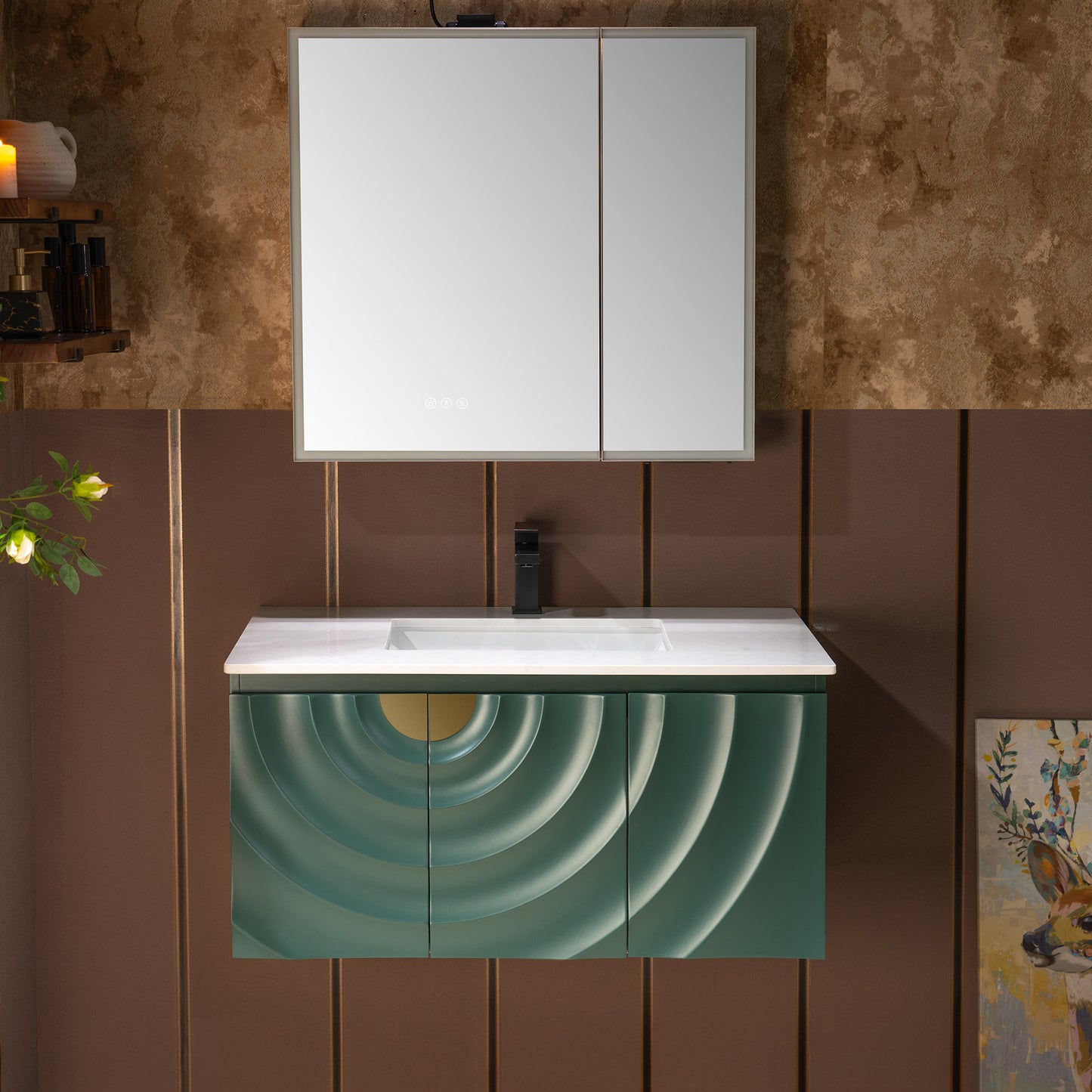 WOODBRIDGE 36" Cairo-GRN-36FW | Wall-Mounted Floating Bathroom Vanity with White Stone Top, Ceramic Undermount Sink & Green Cabinet