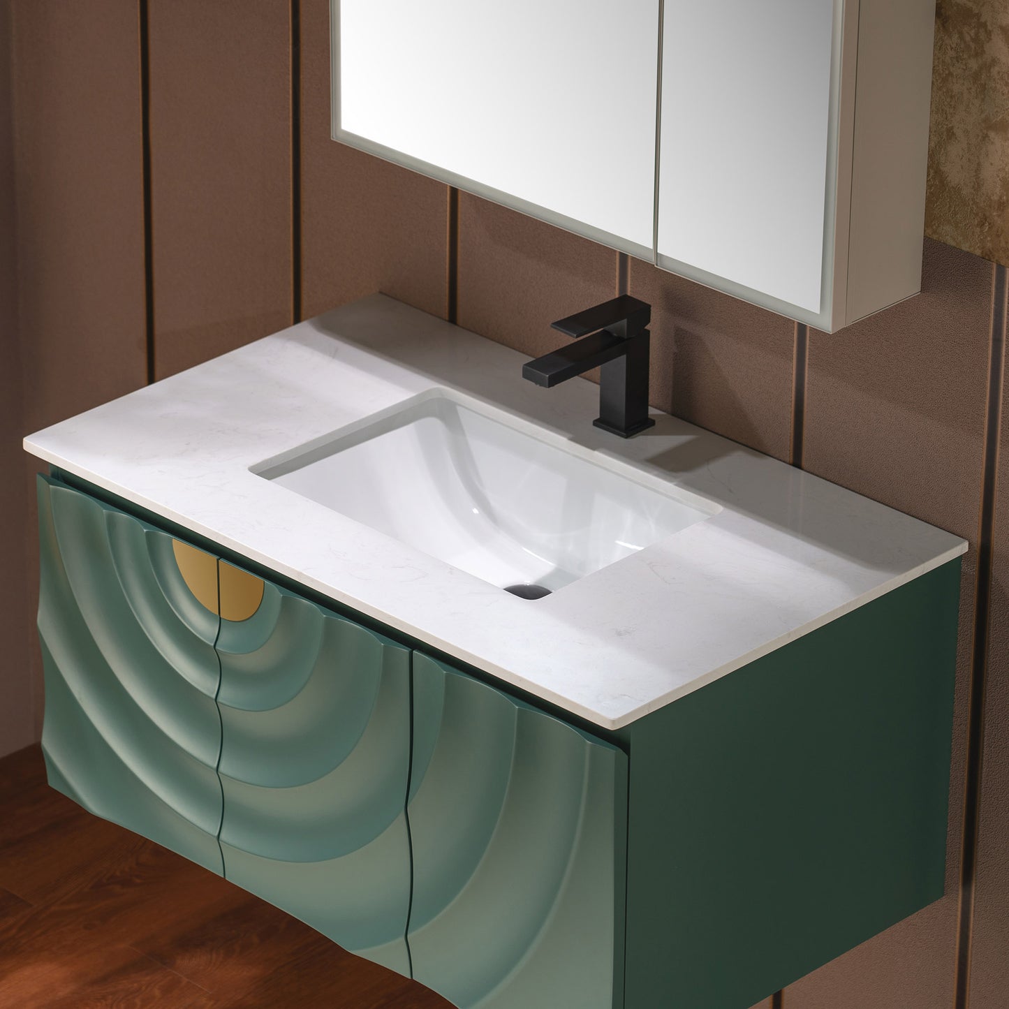 WOODBRIDGE 36" Cairo-GRN-36FW | Wall-Mounted Floating Bathroom Vanity with White Stone Top, Ceramic Undermount Sink & Green Cabinet