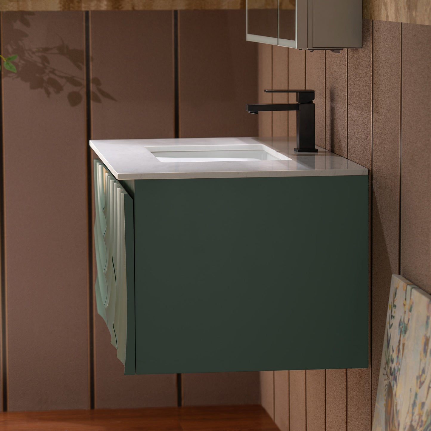 WOODBRIDGE 36" Cairo-GRN-36FW | Wall-Mounted Floating Bathroom Vanity with White Stone Top, Ceramic Undermount Sink & Green Cabinet