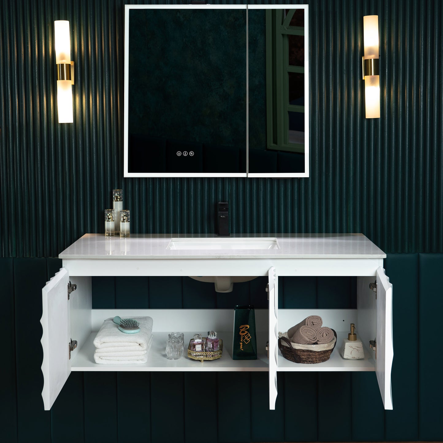 WOODBRIDGE 48" Cairo-WH-48FW | Wall-Mounted Floating Bathroom Vanity with White Stone Top, Ceramic Undermount Sink & White Cabinet