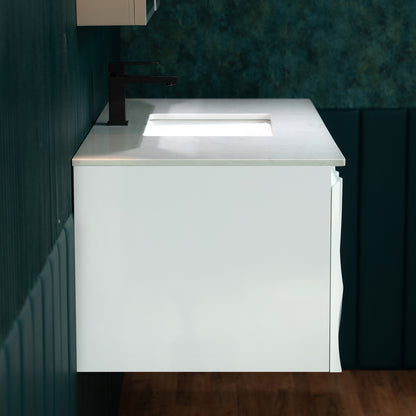 WOODBRIDGE 48" Cairo-WH-48FW | Wall-Mounted Floating Bathroom Vanity with White Stone Top, Ceramic Undermount Sink & White Cabinet