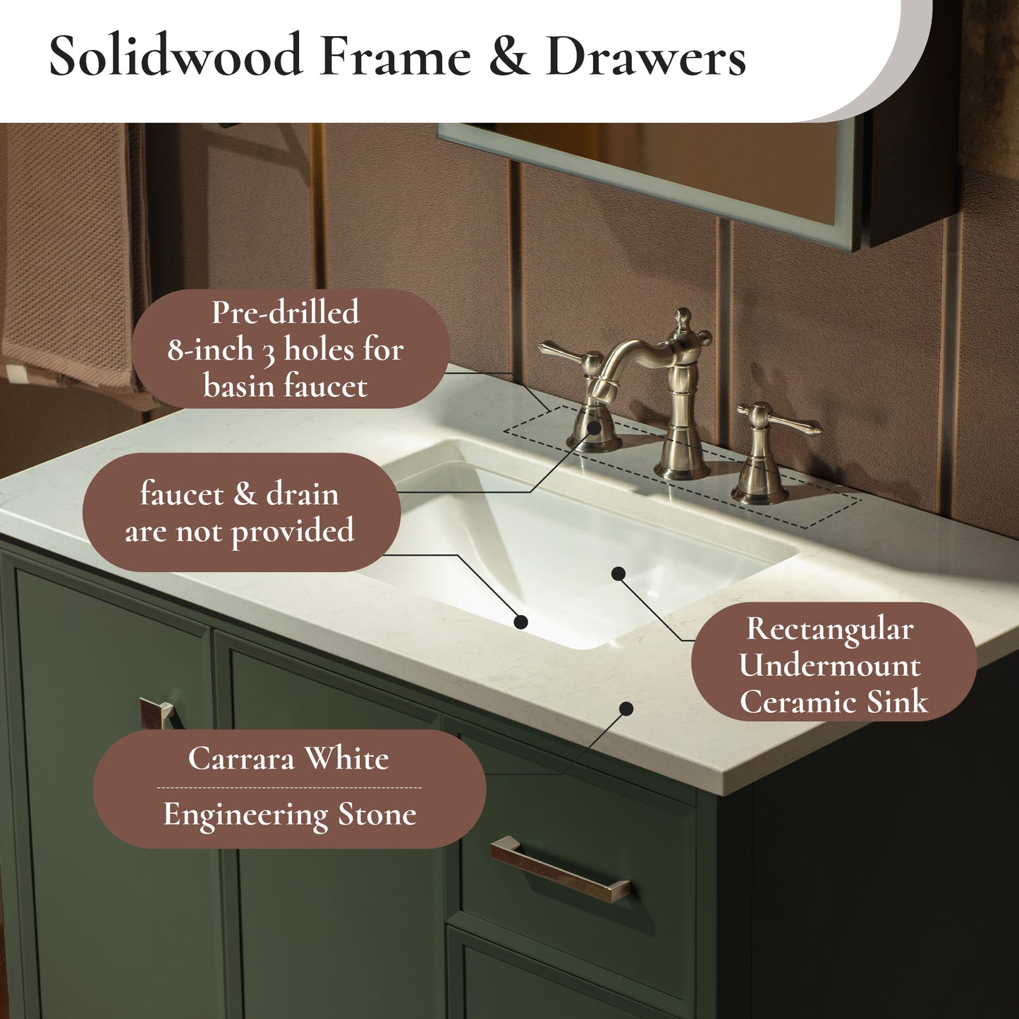 WOODBRIDGE 37" | Single Sink Bathroom Vanity | Engineered Stone Top, Solid Wood Frame, Soft-Close Drawers