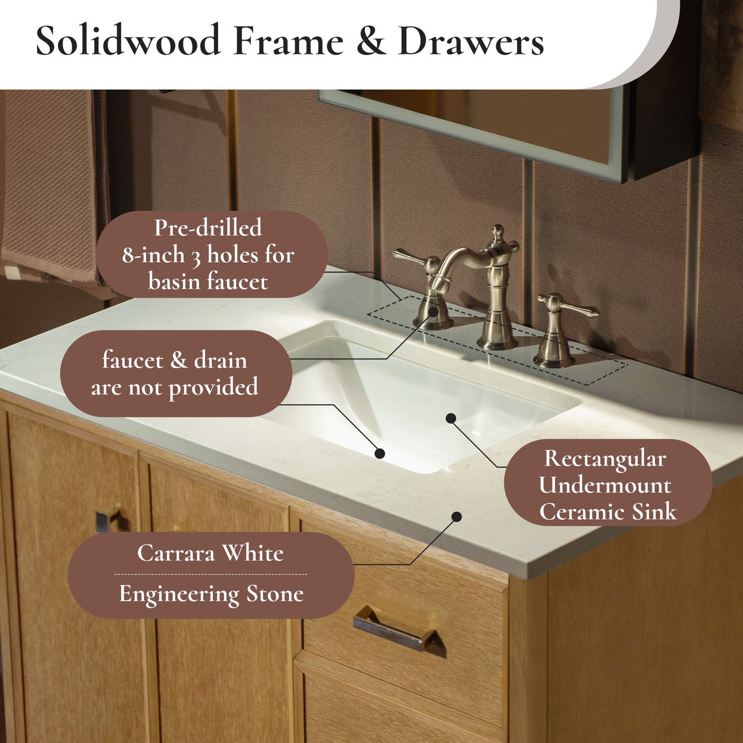 WOODBRIDGE 37" | Single Sink Bathroom Vanity | Engineered Stone Top, Solid Wood Frame, Soft-Close Drawers