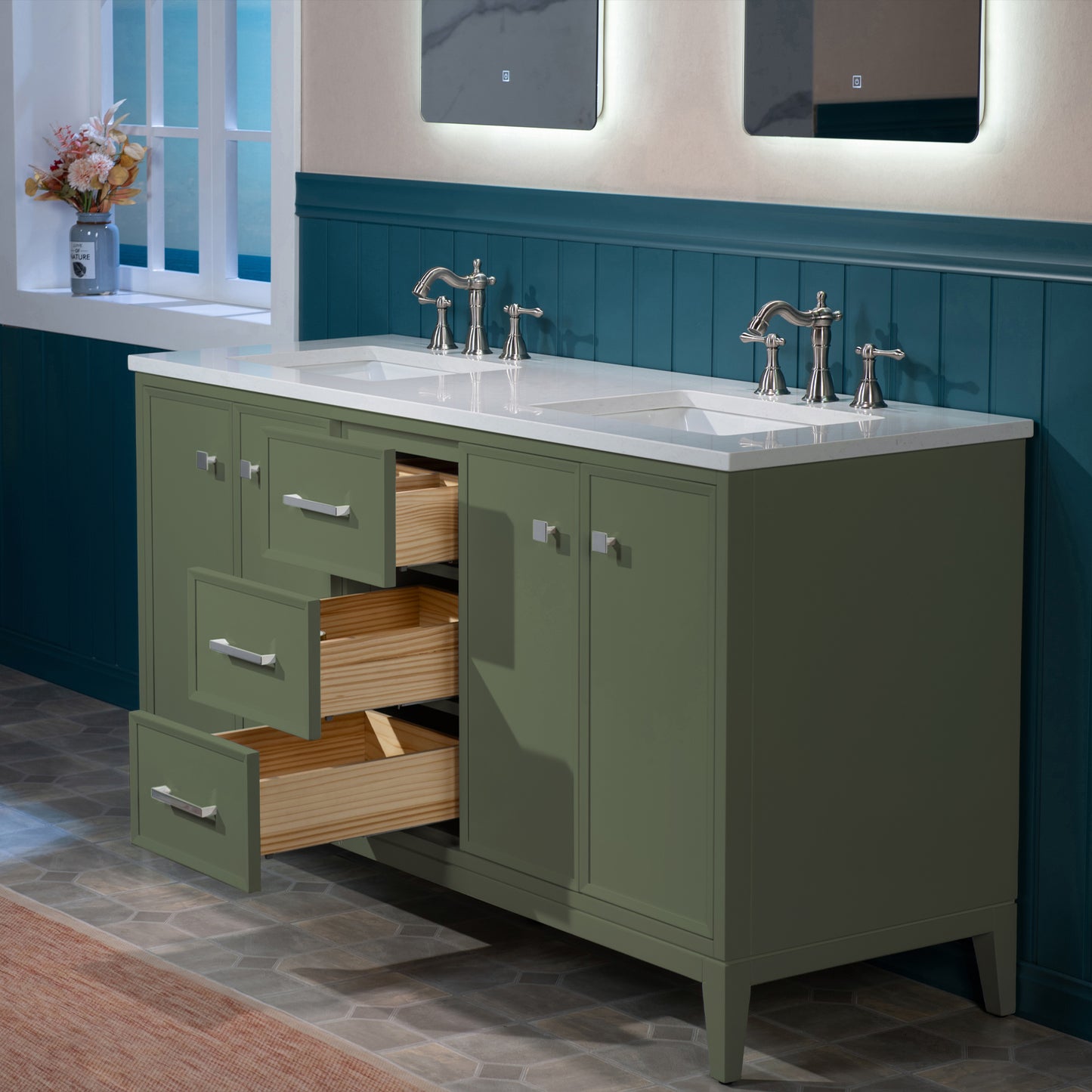 WOODBRIDGE 61" | Double Sink Bathroom Vanity | with Engineered Stone Top, Solid Wood Frame, Soft-Close Drawers