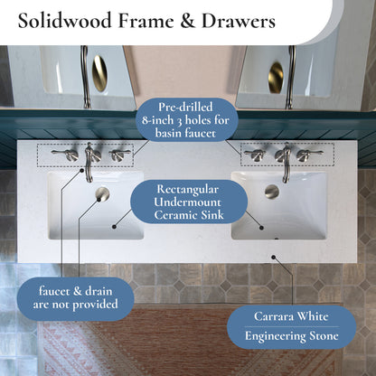 WOODBRIDGE 61" | Double Sink Bathroom Vanity | with Engineered Stone Top, Solid Wood Frame, Soft-Close Drawers
