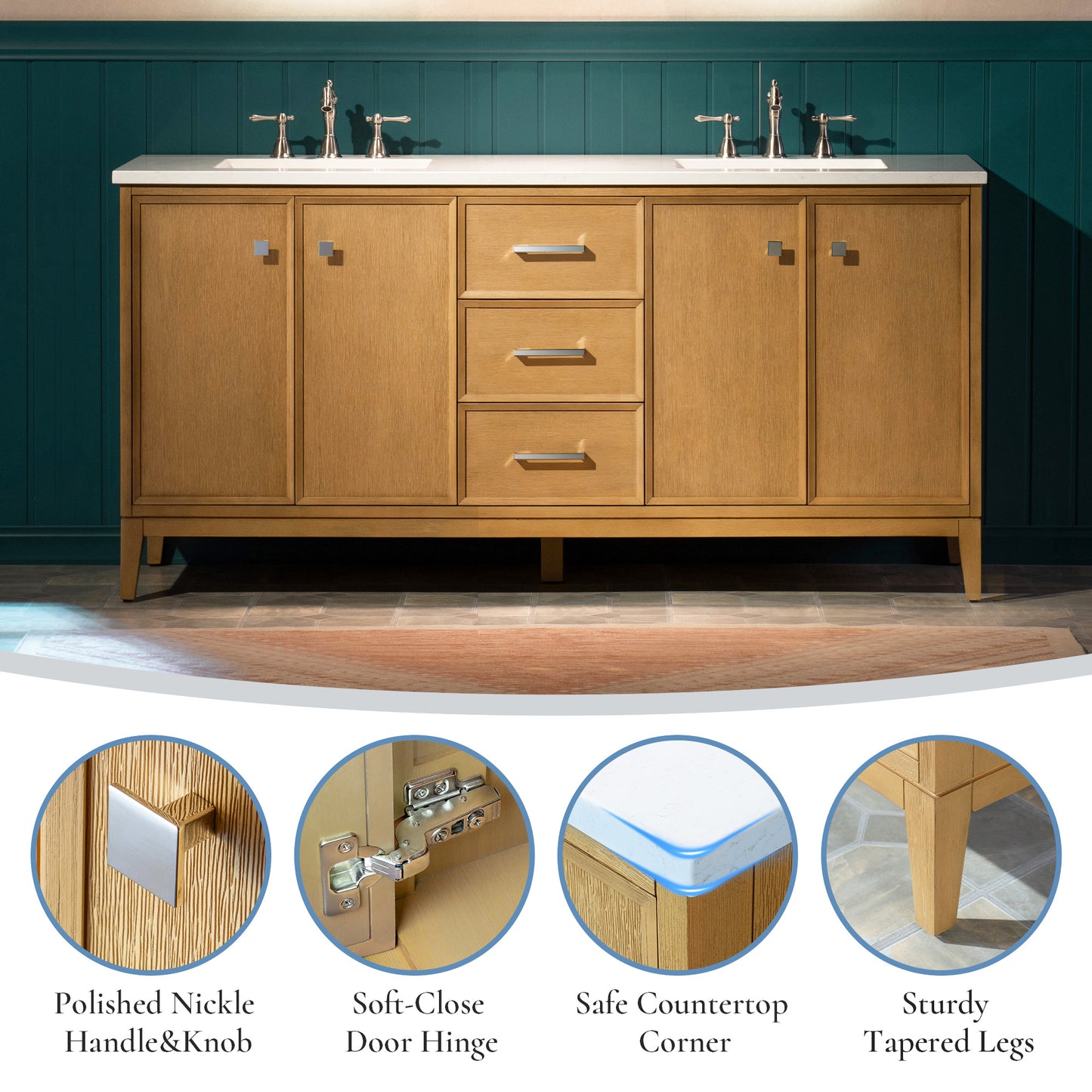 WOODBRIDGE 61" | Double Sink Bathroom Vanity | with Engineered Stone Top, Solid Wood Frame, Soft-Close Drawers