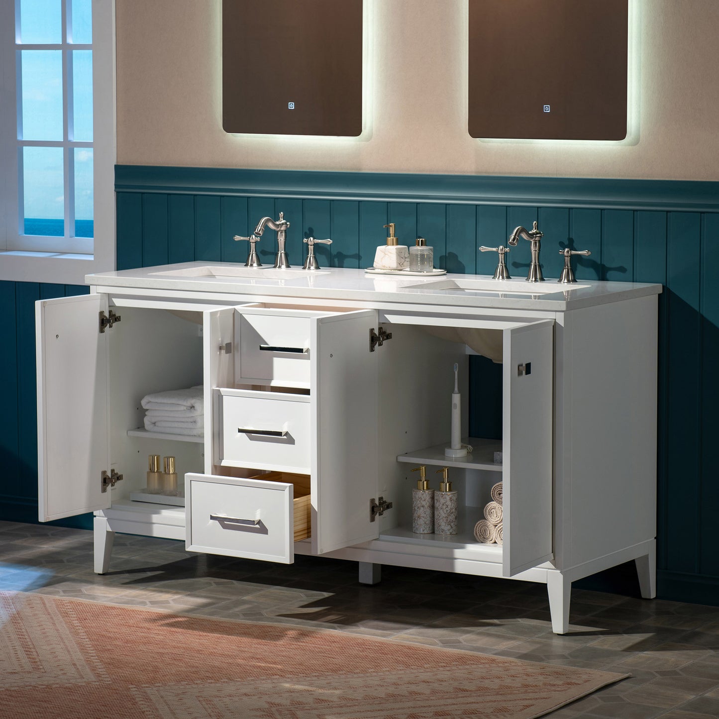 WOODBRIDGE 61" | Double Sink Bathroom Vanity | with Engineered Stone Top, Solid Wood Frame, Soft-Close Drawers