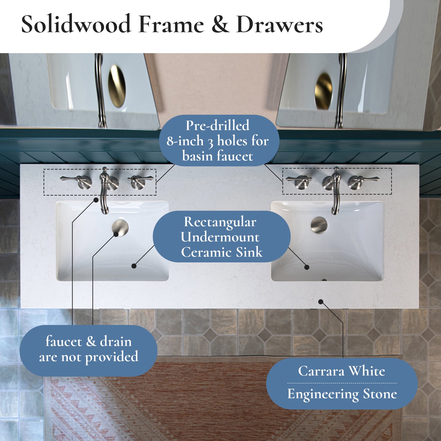 WOODBRIDGE 61" | Double Sink Bathroom Vanity | with Engineered Stone Top, Solid Wood Frame, Soft-Close Drawers