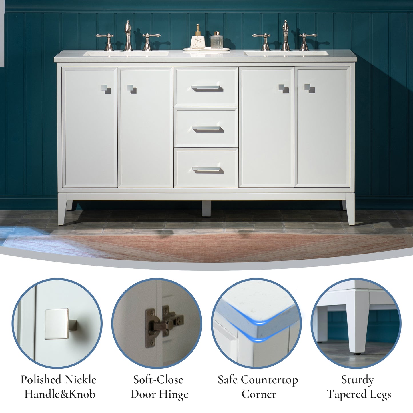 WOODBRIDGE 61" | Double Sink Bathroom Vanity | with Engineered Stone Top, Solid Wood Frame, Soft-Close Drawers