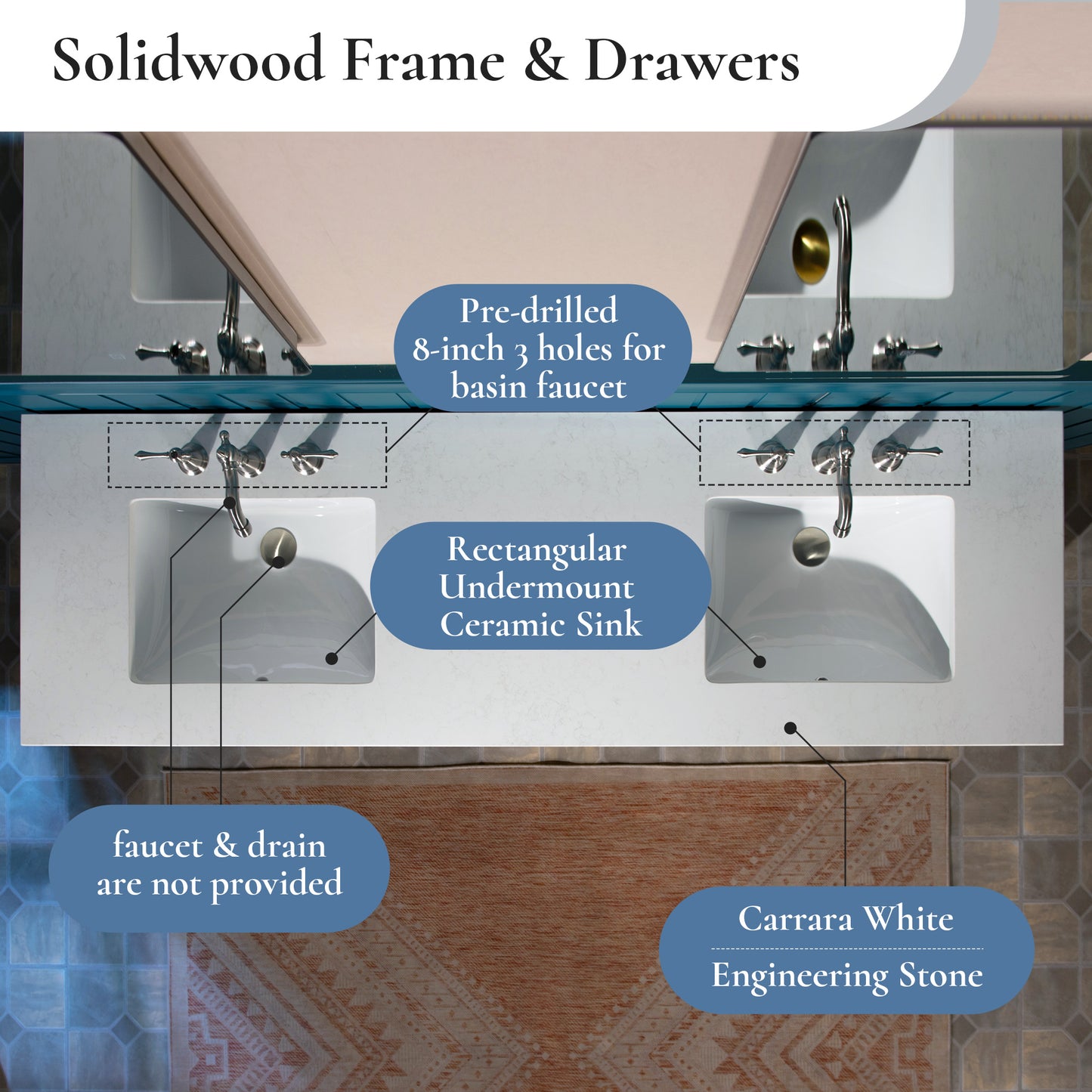 WOODBRIDGE 73" | Double Sink Bathroom Vanity | with Engineered Stone Top, Solid Wood Frame, Soft-Close Drawers