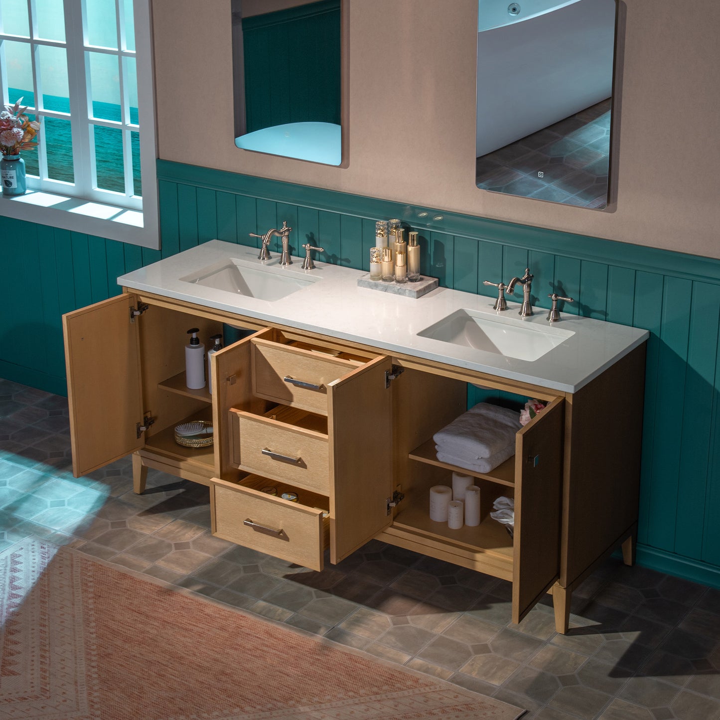 WOODBRIDGE 73" | Double Sink Bathroom Vanity | with Engineered Stone Top, Solid Wood Frame, Soft-Close Drawers