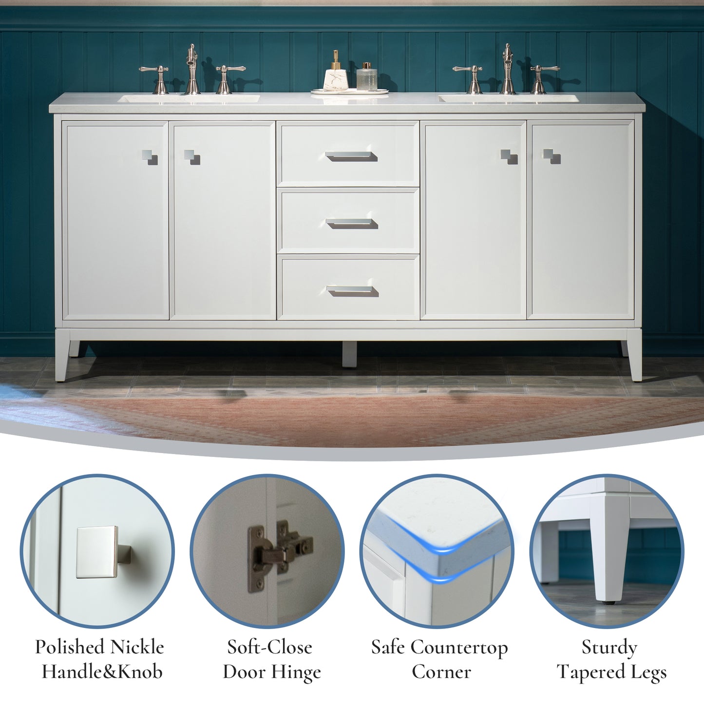 WOODBRIDGE 73" | Double Sink Bathroom Vanity | with Engineered Stone Top, Solid Wood Frame, Soft-Close Drawers