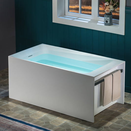 WOODBRIDGE 51" ST-2501 | Luxury Contemporary Solid Surface Stone Resin Freestanding Soaking Bathtub | Matte White Ergonomic Tub with Towel Bar & Dual Drain Covers