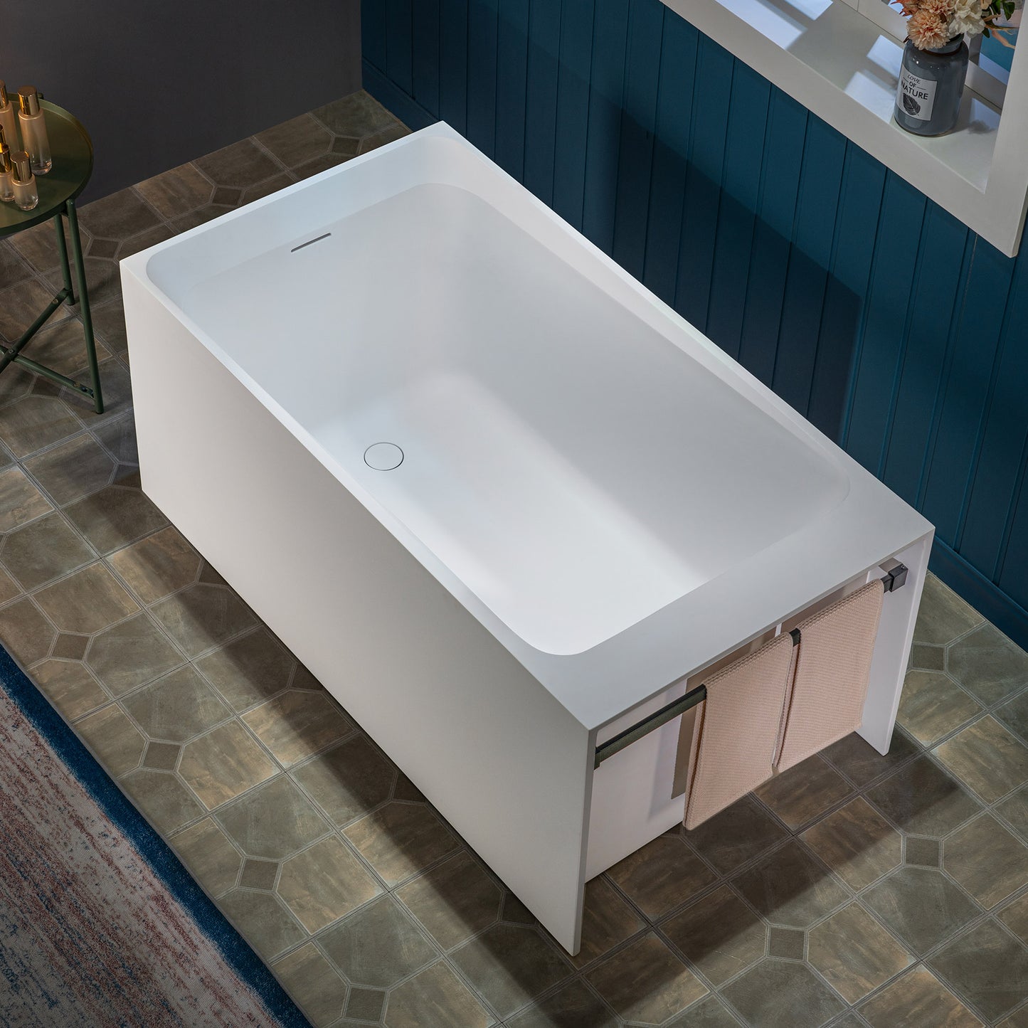 WOODBRIDGE 51" ST-2501 | Luxury Contemporary Solid Surface Stone Resin Freestanding Soaking Bathtub | Matte White Ergonomic Tub with Towel Bar & Dual Drain Covers