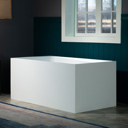 WOODBRIDGE 51" ST-2501 | Luxury Contemporary Solid Surface Stone Resin Freestanding Soaking Bathtub | Matte White Ergonomic Tub with Towel Bar & Dual Drain Covers