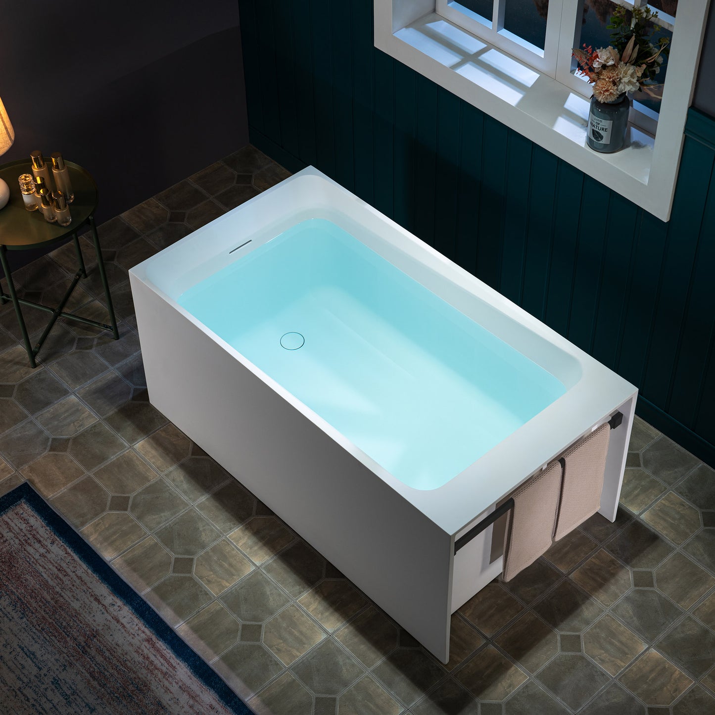 WOODBRIDGE 51" ST-2501 | Luxury Contemporary Solid Surface Stone Resin Freestanding Soaking Bathtub | Matte White Ergonomic Tub with Towel Bar & Dual Drain Covers