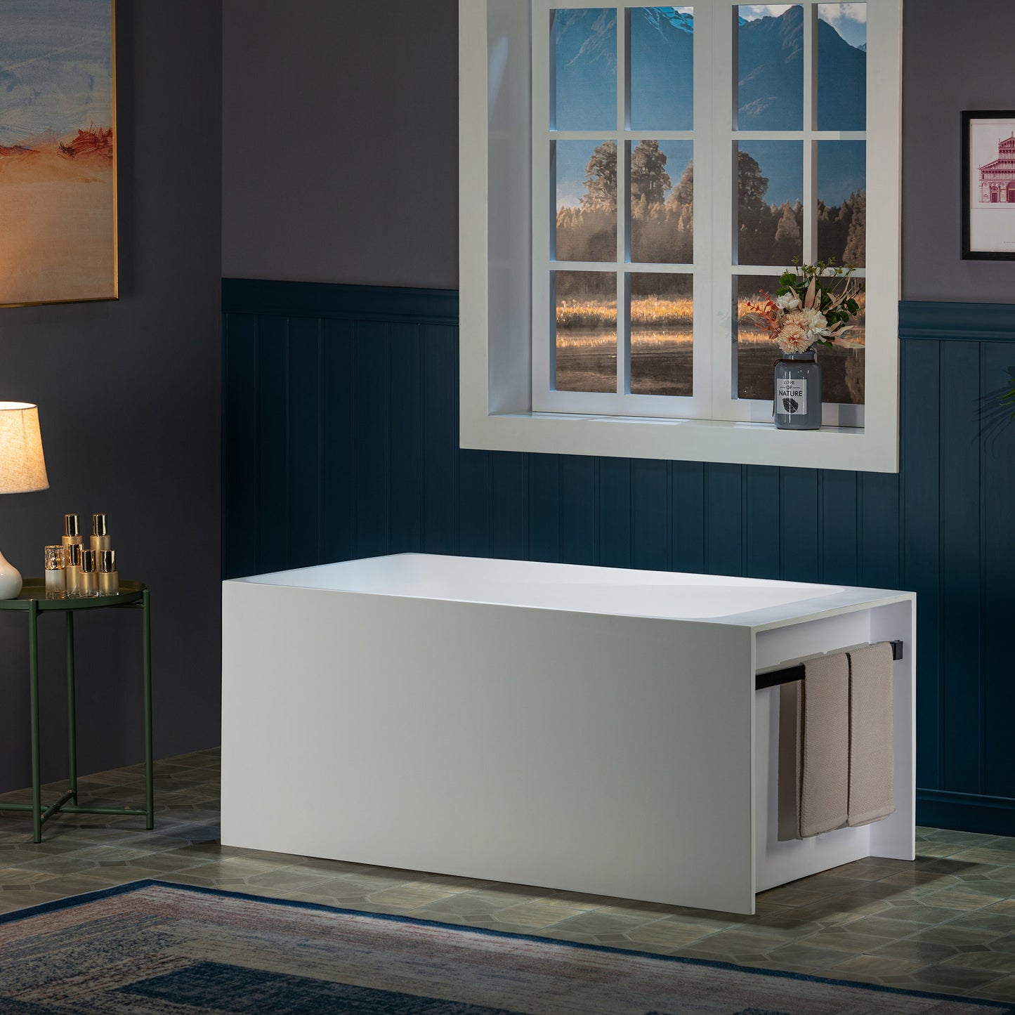 WOODBRIDGE 51" ST-2501 | Luxury Contemporary Solid Surface Stone Resin Freestanding Soaking Bathtub | Matte White Ergonomic Tub with Towel Bar & Dual Drain Covers