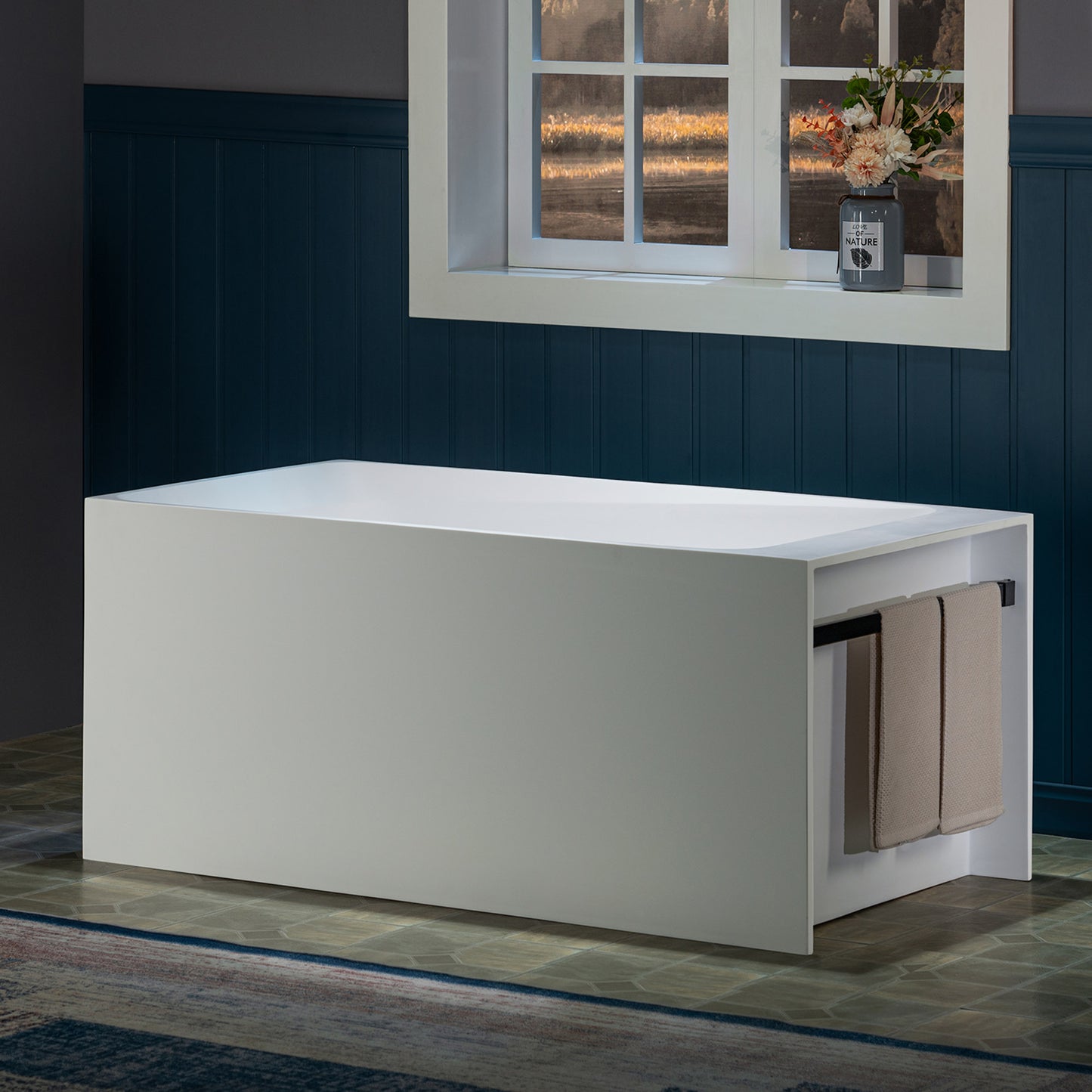 WOODBRIDGE 51" ST-2501 | Luxury Contemporary Solid Surface Stone Resin Freestanding Soaking Bathtub | Matte White Ergonomic Tub with Towel Bar & Dual Drain Covers
