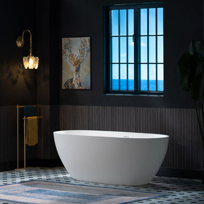 WOODBRIDGE 63" MST0801 | Luxury Contemporary Solid Surface Stone Resin Freestanding Bathtub | Matte White Modern Soaking Tub with Sleek Ergonomic Design