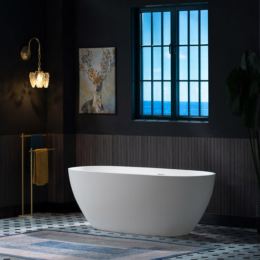 WOODBRIDGE 63" MST0801 | Luxury Contemporary Solid Surface Stone Resin Freestanding Bathtub | Matte White Modern Soaking Tub with Sleek Ergonomic Design