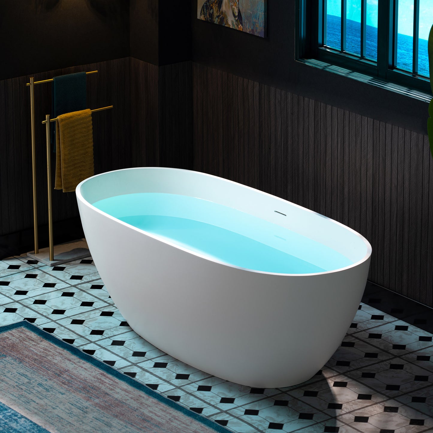 WOODBRIDGE 63" MST0801 | Luxury Contemporary Solid Surface Stone Resin Freestanding Bathtub | Matte White Modern Soaking Tub with Sleek Ergonomic Design