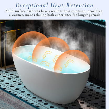 WOODBRIDGE 63" MST0801 | Luxury Contemporary Solid Surface Stone Resin Freestanding Bathtub | Matte White Modern Soaking Tub with Sleek Ergonomic Design