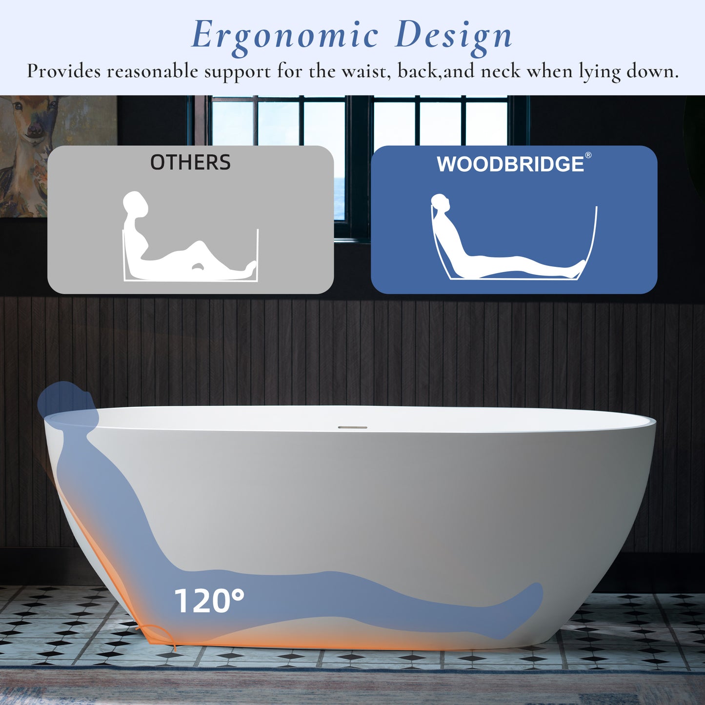 WOODBRIDGE 63" MST0801 | Luxury Contemporary Solid Surface Stone Resin Freestanding Bathtub | Matte White Modern Soaking Tub with Sleek Ergonomic Design