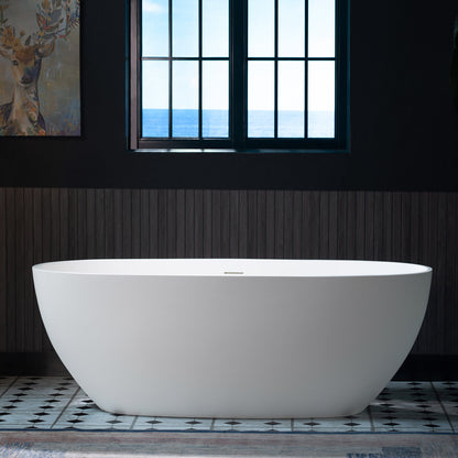 WOODBRIDGE 63" MST0801 | Luxury Contemporary Solid Surface Stone Resin Freestanding Bathtub | Matte White Modern Soaking Tub with Sleek Ergonomic Design