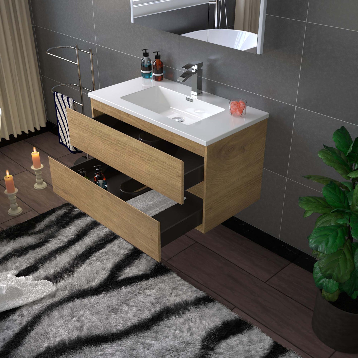 WOODBRIDGE | Wall-Mounted Floating Bathroom Vanity with | Glossy White Resin Top & Natural Oak Cabinet