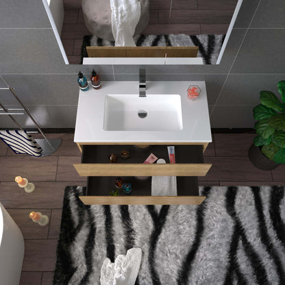 WOODBRIDGE | Wall-Mounted Floating Bathroom Vanity with | Glossy White Resin Top & Natural Oak Cabinet