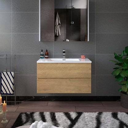 WOODBRIDGE | Wall-Mounted Floating Bathroom Vanity with | Glossy White Resin Top & Natural Oak Cabinet