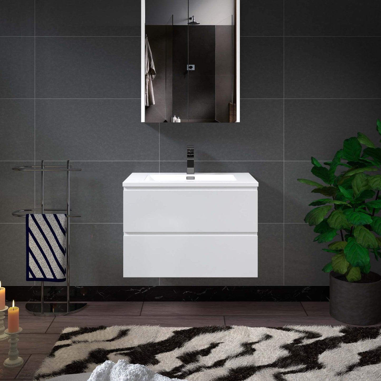 WOODBRIDGE | Wall-Mounted Floating Bathroom Vanity | Glossy White Resin Top | White Cabinet
