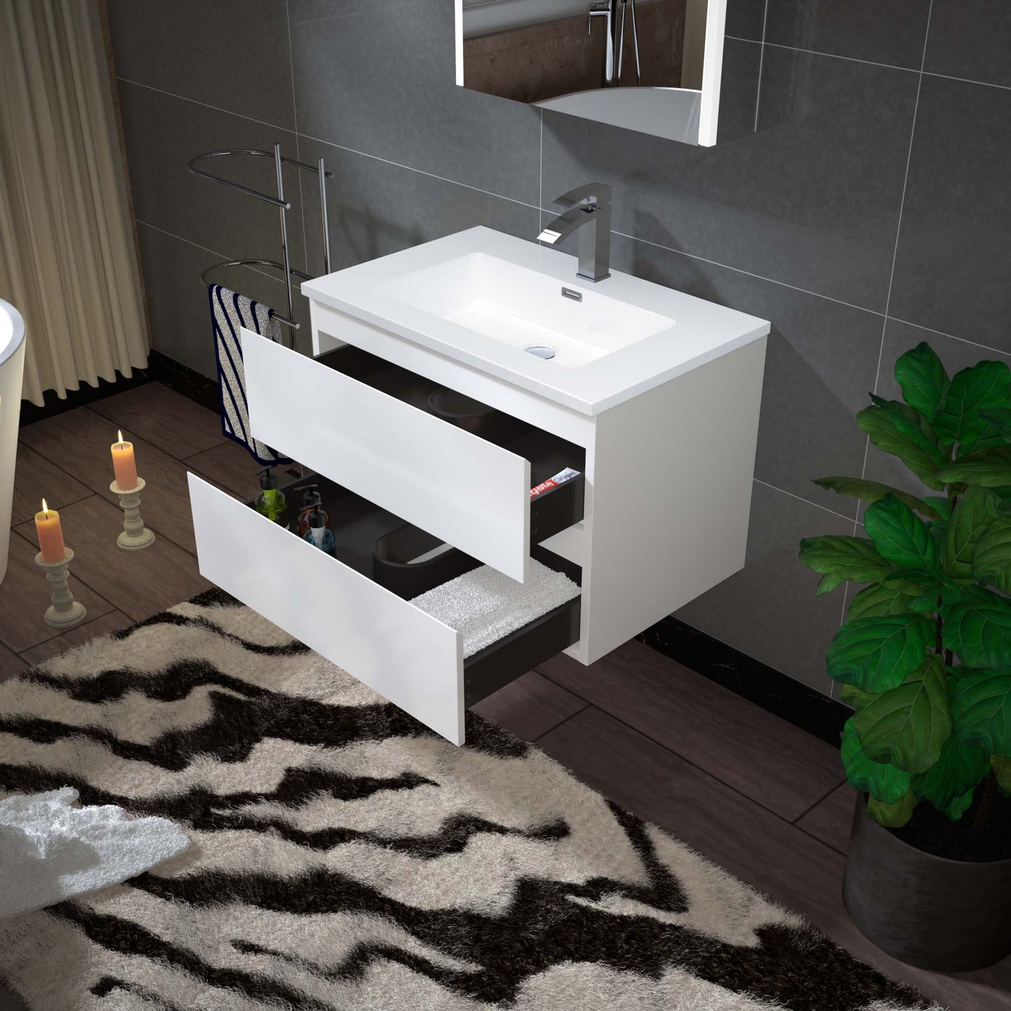 WOODBRIDGE | Wall-Mounted Floating Bathroom Vanity | Glossy White Resin Top | White Cabinet