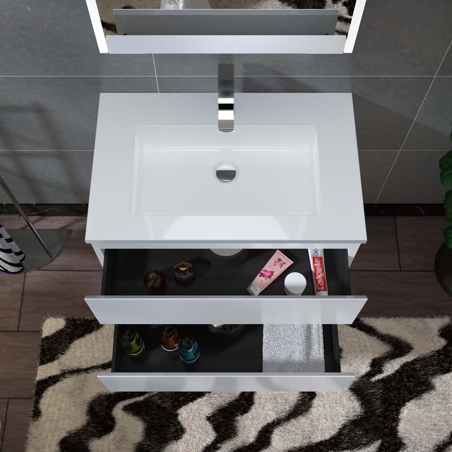 WOODBRIDGE | Wall-Mounted Floating Bathroom Vanity | Glossy White Resin Top | White Cabinet